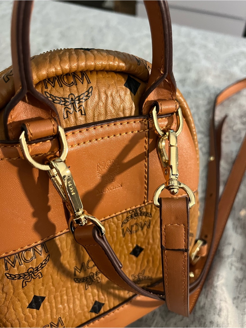 MCM Cognac Logo Mini Backpack Crossbody Bag - Picture 12 of 13